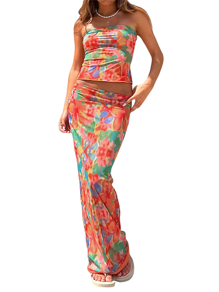 

Conjuntos de saia maxi feminina 2 peças sexy sem alças top cropped bodycon saias longas Y2K conjunto de saia roupa de praia