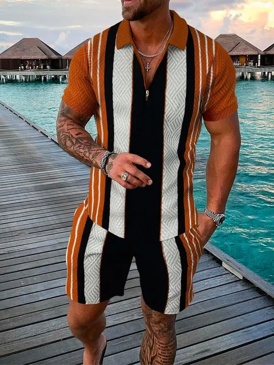 

2022 Summer New Leisure Sports Lapel Fashion Street Print Suit Men's Sport Zipper Polo Short Sleeve Shorts 2-Piece Suit