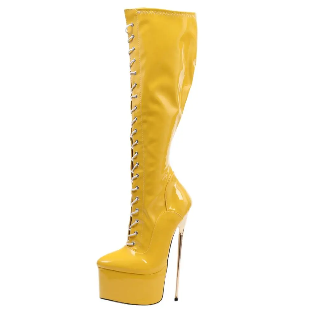 Knee-High Boots 22CM Super High Heel Platform Cross-tied Stiletto Metal Heels Prom shoes Plus Size 36-46