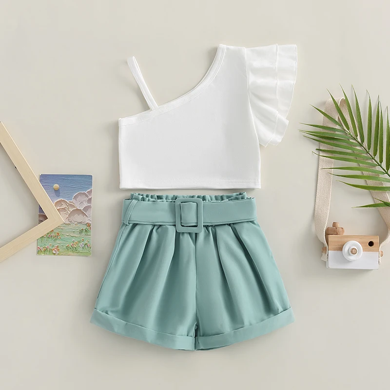 

Fashionable 3-7Y Kids Girls Summer Outfit Solid Color One Shoulder Flying Sleeves Tops and Elastic Casual Shorts Set
