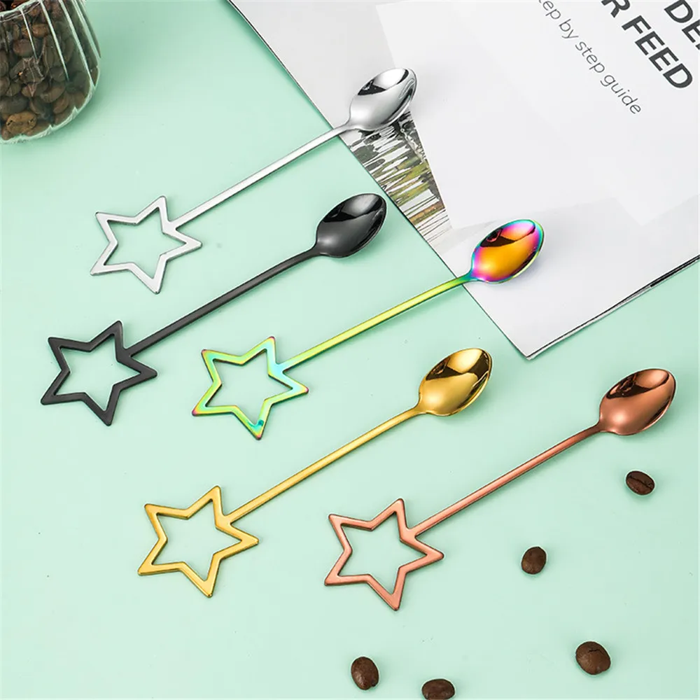 

Creative Five Pointed Star Lovely Spoon Long Handle Dessert 304 Stainless Steel Color Coffee Stirring Spoon Drink Tableware Tool