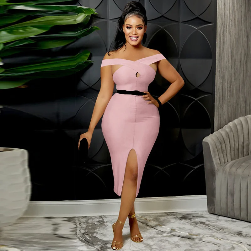 

WUHE с открытыми плечами перекрещивающимся V-образным вырезом с высоким разрезом сбоку облегающее миди-платье для женщин 2022 пикантные летние ...