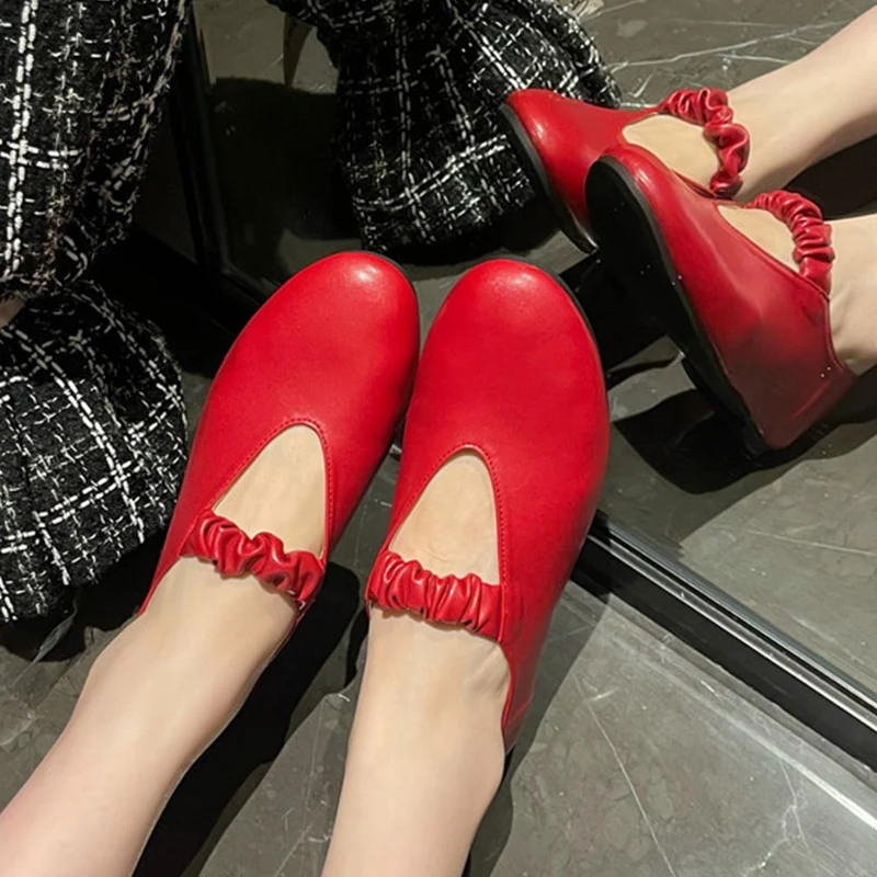 

Red Women Flats Mary Janes Shoes For Female Casual Outside Luxury Round Toe Rubber Korean Style Designer Ladies Shoe Loafers