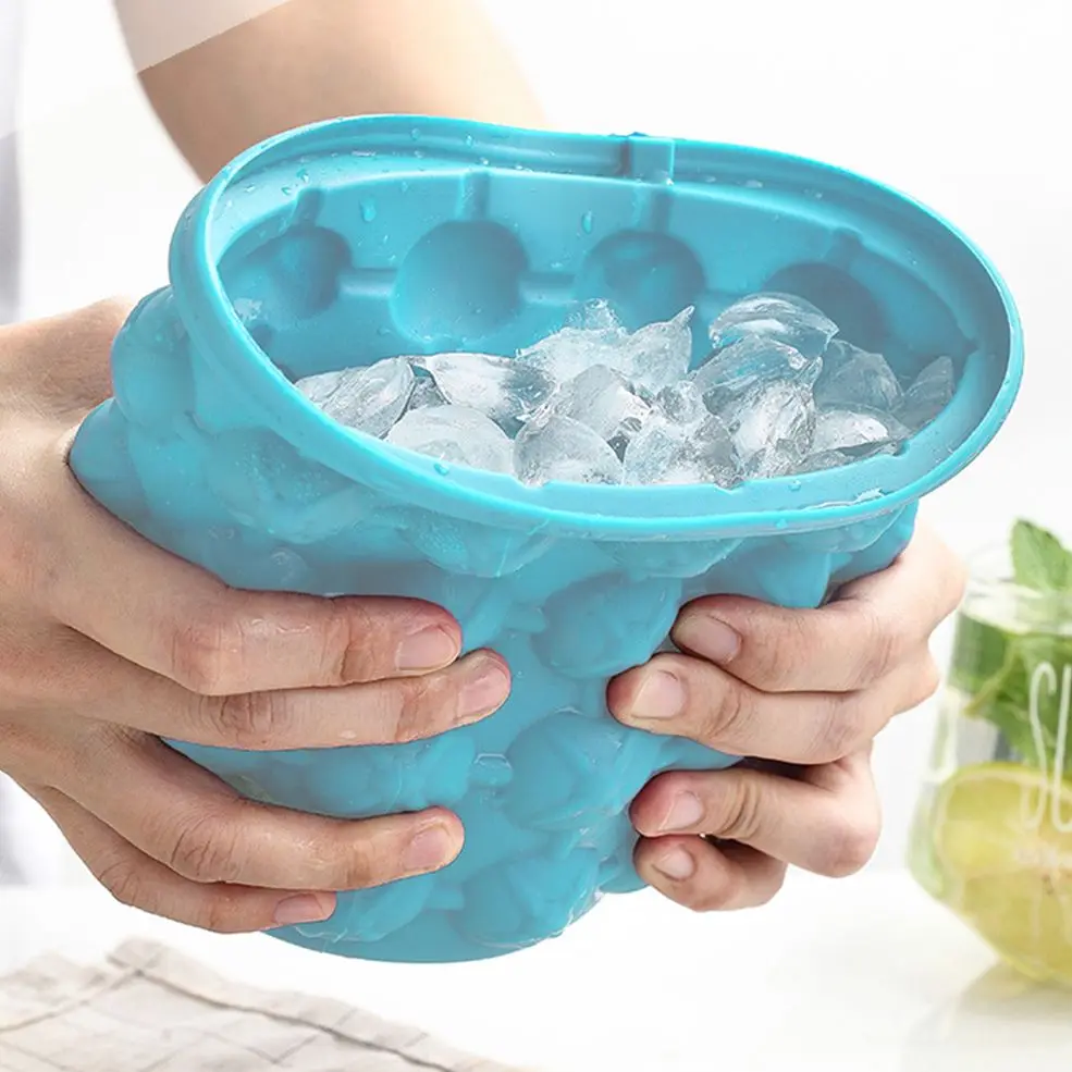 

1000ml Silicone Ice Cube Maker with Lid Ice Bucket Ice Mold Space Saving Champagne Wine Beer Bucket for Kitchen Party Barware