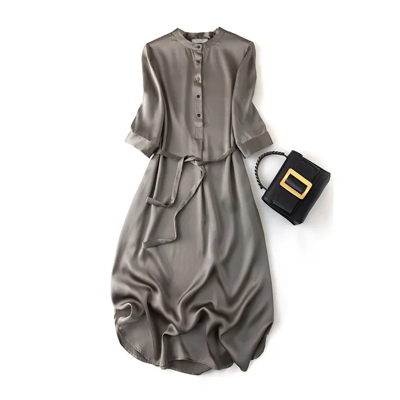 

Summer Elegant Pure Silk Dress for Women Stand Collar Short Sleeve Waist Lace Up Solid A-line Silk Crepe Satin Bodycon Dress