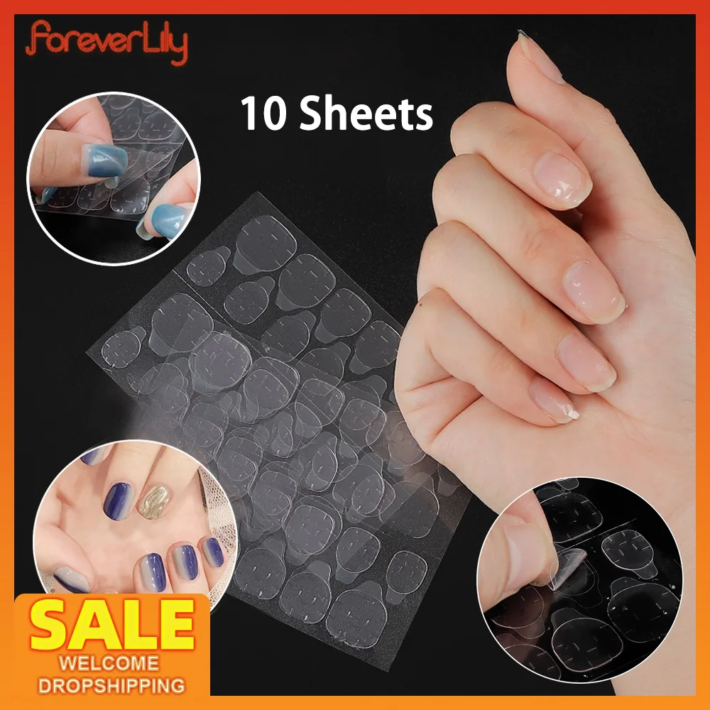 10 листов/lot ногтей Клей искусственной Ongles avec Колле прозрачные двусторонние клейкие ленты наклейки ногтей арт nail советы