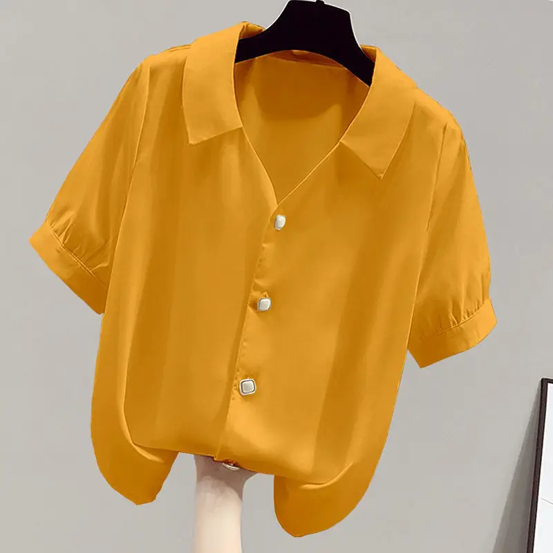 

Blouse Women V-neck Chiffon Shirt Cardigan Business Attire Fashion Solid Color Buttons Short Sleeve Summer Loose Tenafeicc