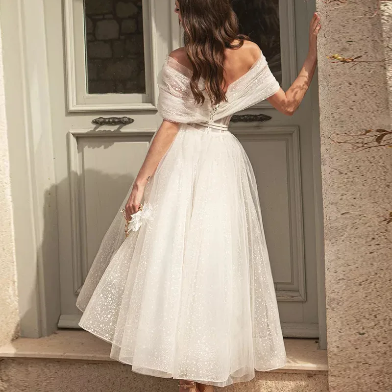 Women's Fashion Wedding Dress Tulle Sexy Off-Shoulder Deep V-neck Backless A-Line Swing Dress Elegant Prom Party Evening Dress