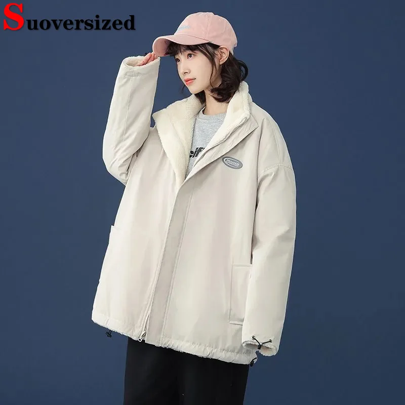 

Loose Winter Thicken Parkas Oversized 75kg Plush Velvet Coats Casual Warm Women Lambwool Lined Jaquetas Korean 2023 New Chaqueta