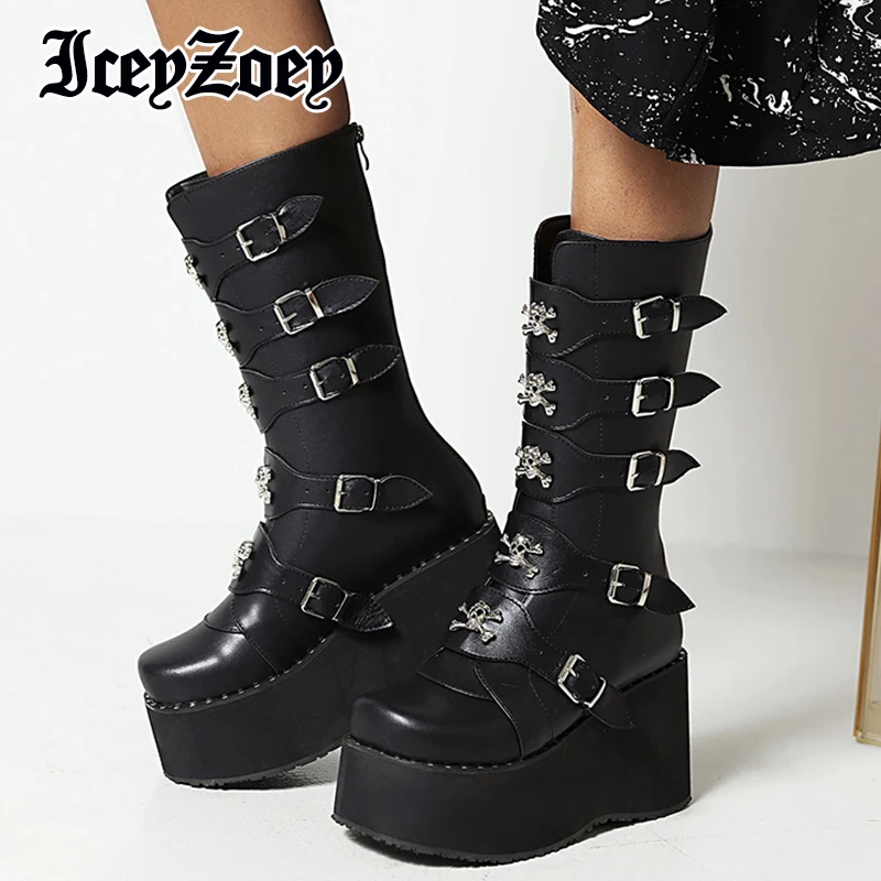 

Женские короткие сапоги IceyZoey, черные сапоги на платформе, с ремешком, большие размеры 35-48, стильная Уличная обувь в стиле панк на толстой под...