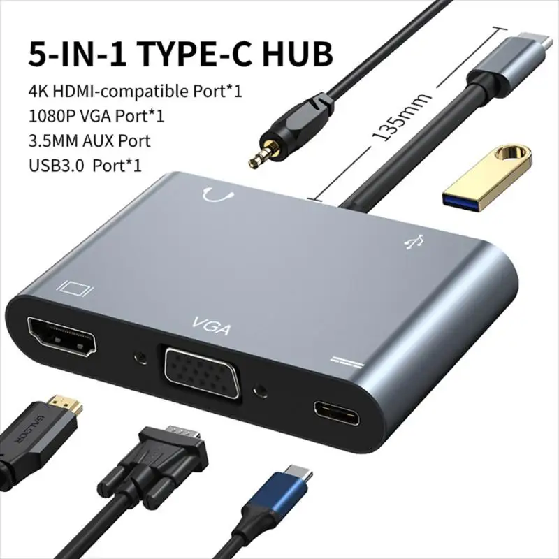 

4 в 1, USB C-хаб для VGA, HDMI-совместимый адаптер USB 3,0, док-станция PD для Macbook, телефона, ноутбука, ТВ, ПК, Кабель-адаптер