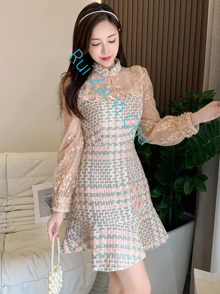 

Fashion Runway Autumn Pearls Mesh Patchwork Tweed Dress Women's Long Sleeve Gorgeous Flower Embroidery Elegant Mermaid Vestidos