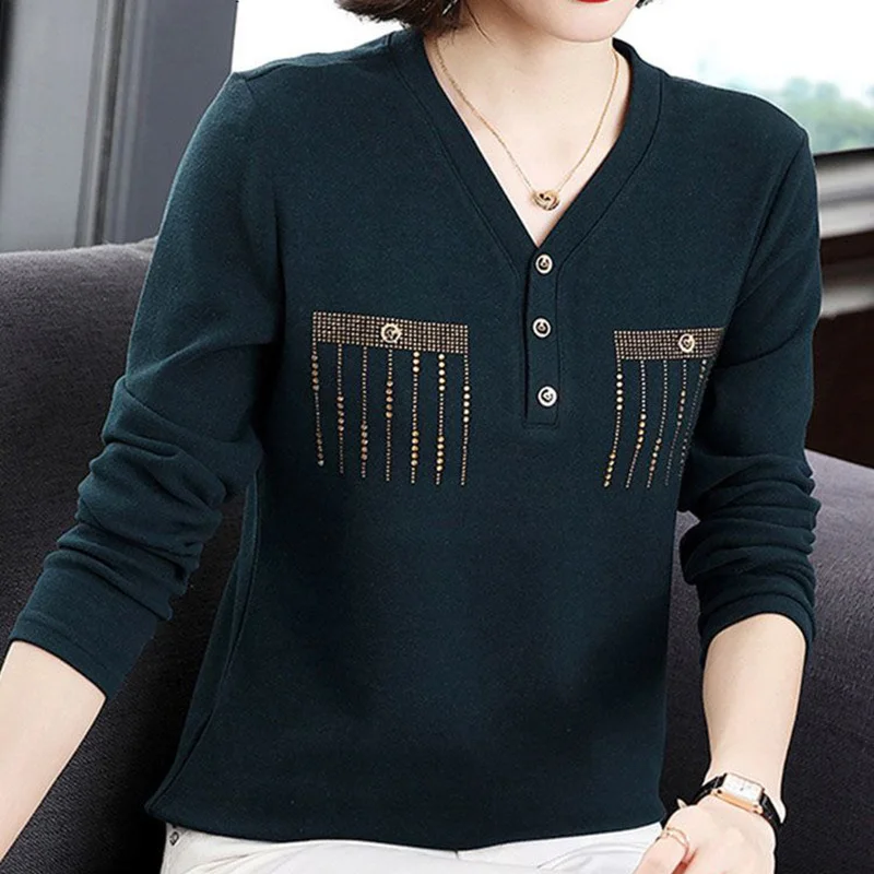 Fashion V-Neck Button Spliced Diamonds Blouse Women's Clothing 2022 Autumn New Oversized Casual Pullovers Loose Commute Shirt