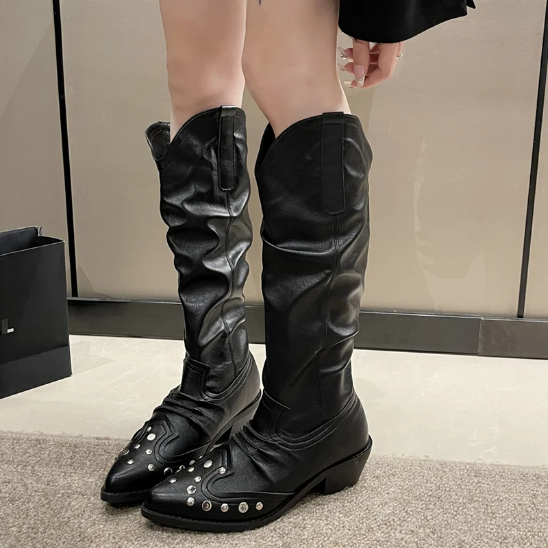 

Женские сапоги до колена с заклепками Lucyever, черные плиссированные сапоги в стиле панк, с острым носком, на толстом каблуке, в западном стиле, 2023