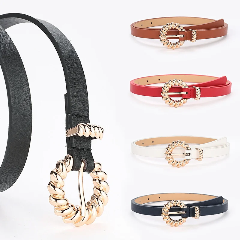 

PU Leather Solid Color Thin Waist Belt Twist Alloy Buckle Female Jeans Dress Decorative Waistband Women Vintage Buckle Belt
