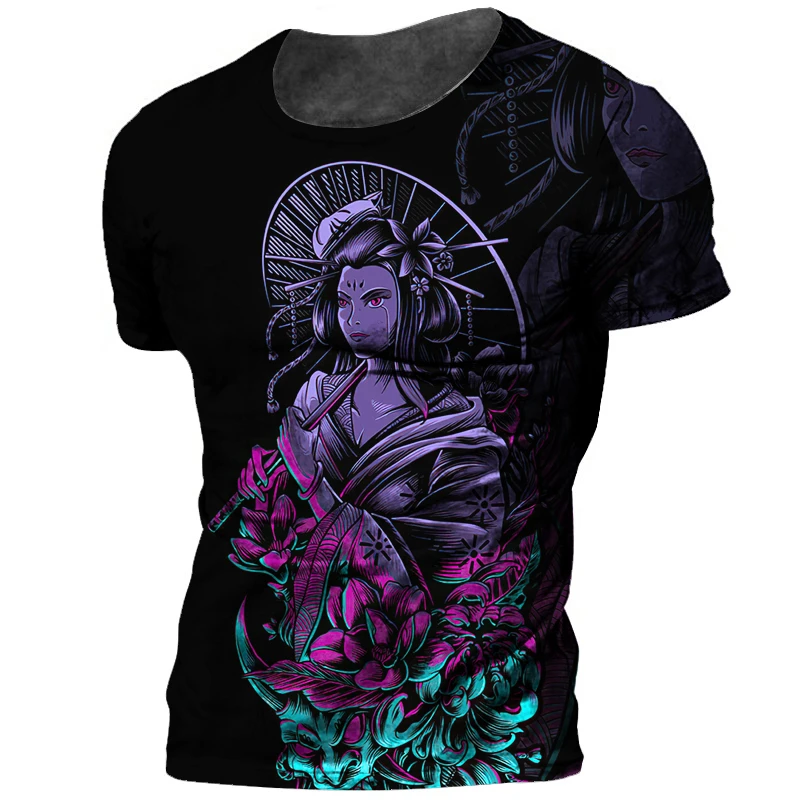 

Футболка мужская оверсайз с круглым вырезом, модная Повседневная рубашка с 3D-принтом гейши в стиле ретро, с коротким рукавом, в стиле кэжуал