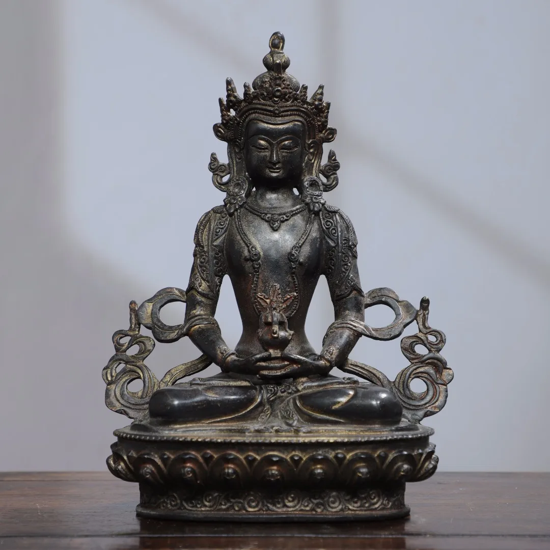 

8"Tibet Temple Collection Old Bronze Cinnabar Gilding Amitayus Buddha Lotus Platform Worship Hall Town house