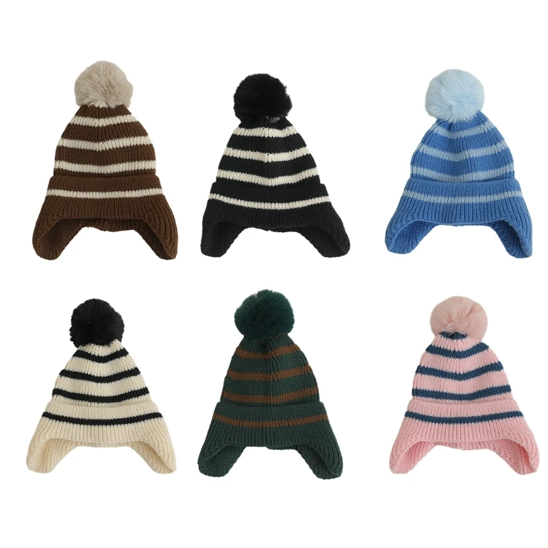 

Trendy Striped Cap Infant Baby Pom Pom Hat 2-6Y Kids Warm and Windproof Cap Warm Bonnet for Outdoor Activity