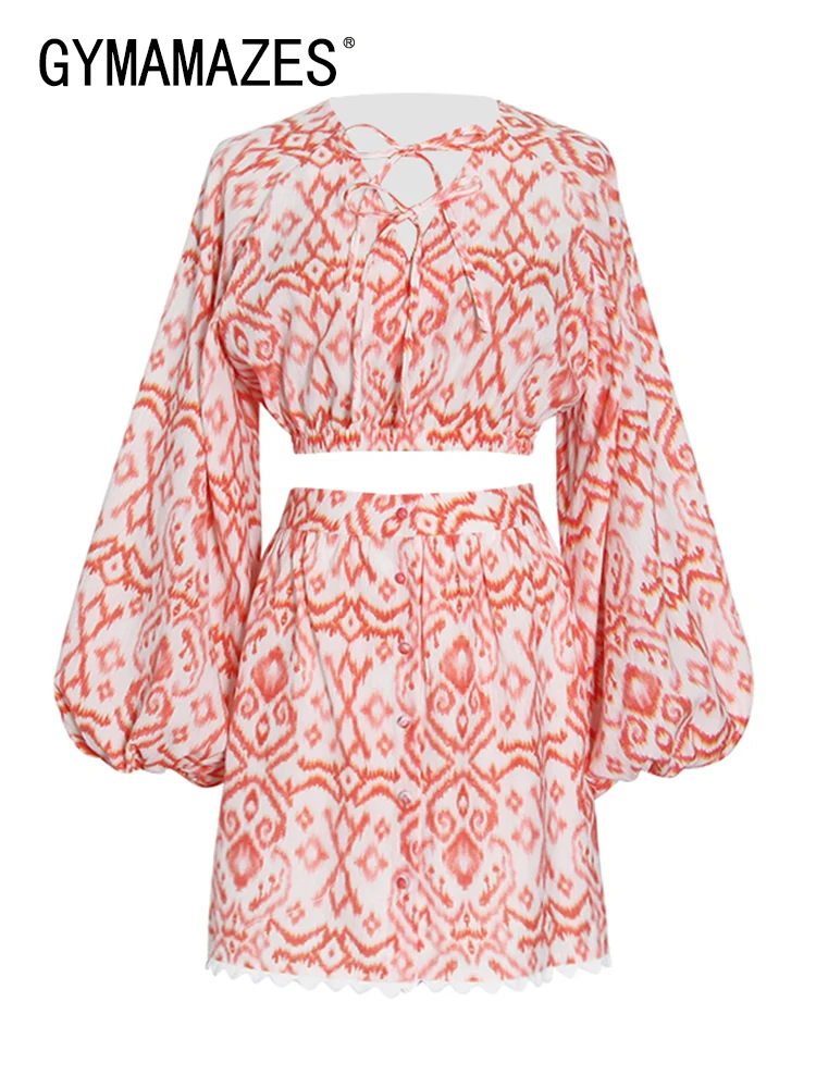 

GYMAMAZES Vintage Print Colorblock Two Piece Set For Women Round Neck Lantern Sleeve Tops Mini Skirts Female Casual Sets Fashion