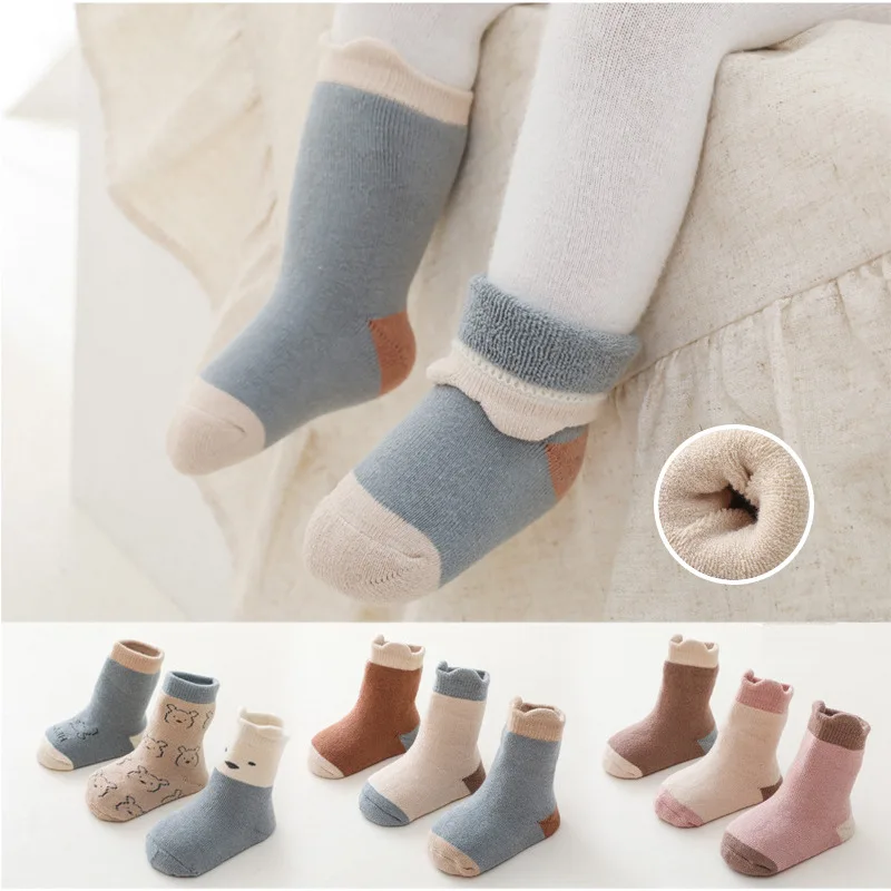 

3pairs Autumn Winter Kawai Baby Socks Terry Mid Tube Sock Boys Girls Cartoon Ear Shape Plush Thicken Newborn Warm Accessories