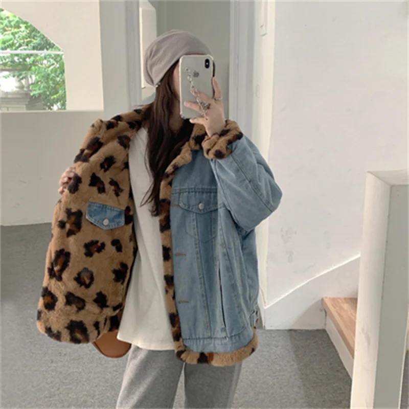

New Style Fried Street Wearing Denim Jacket Women's 2022 Winter Thick Cotton Coat Leopard Print Retro Chic Cotton Clothes Tide X
