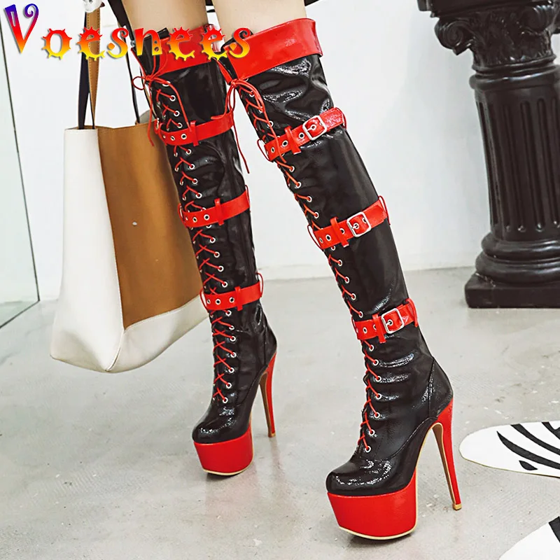

Autumn Winter New Belt Buckle Over-the-Knee Boots Women Thick Platform High Heels Mixed Colors Shoes Street Cool Design Pumps