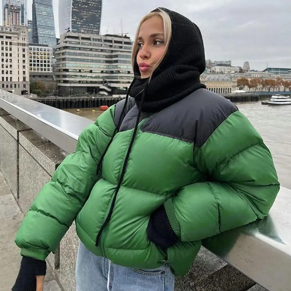 Women Winter Long Sleeve Zip Puffer Jacket Stand Collar Contrast Color Short Down Coats with Pockets
