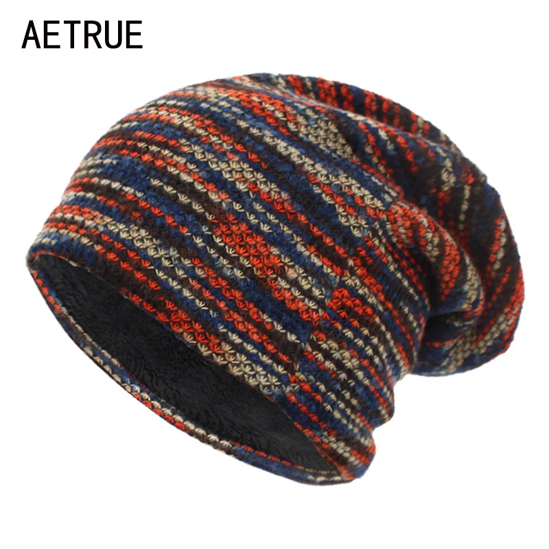 

AETRUE Knitted at Women Skullies Beanies Winter ats For Men Bonnet Striped Caps Warm Bay Soft Female Wool Male Beanie at