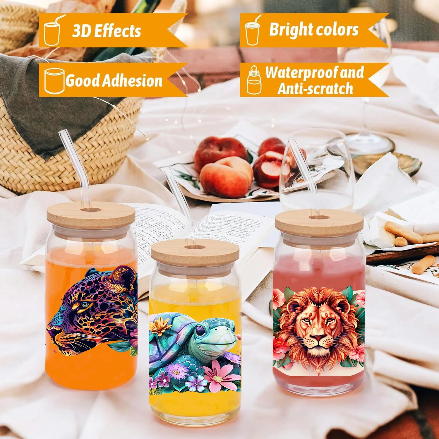 Colorful animals peel waterproof DIY Decals 3D transfers uvdtf crystal stickers 16oz uv dtf cup wraps for Libbey Glasses
