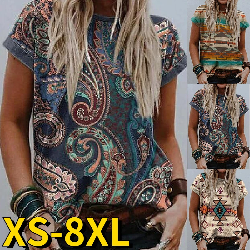 

Abstract Printed Blouse Elegant Short Sleeve Round Neck Loose Clothes Summer Women Daily Street Loose Size Temperament T-shirt