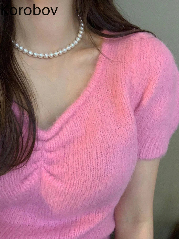 

Korobov Summer Korean Chic Vintage Fashion Short Sleeve Solid Color Puff Sleeves Pink Sweater V Neck Gentle Sweet Thin Knitting