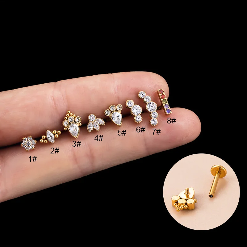 G23 Titanium Piercing Labret Studs 16G Internal Thread CZ Helix Conch Cartilage Tragus Lip Stud Earrings F136 Titanium Jewelry