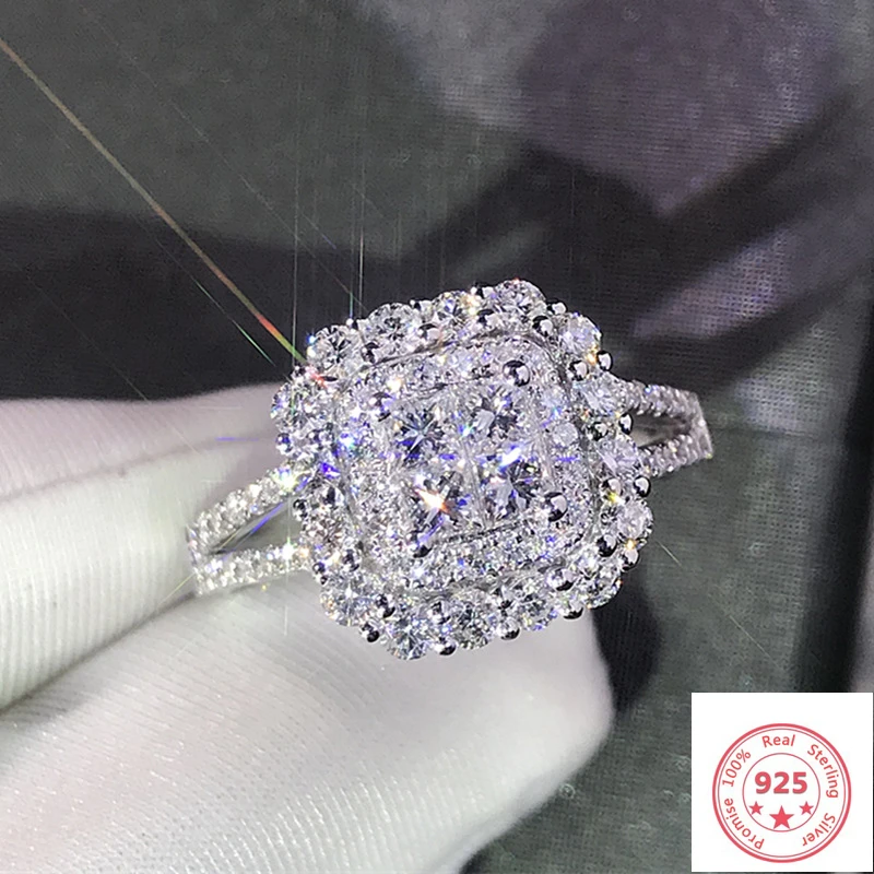 

100% 925 Silver Jewelry Natural 2 Carat Diamond Ring for Women Eight Hearts Princess Jewelry Anillos Wedding Ring Box Gemstone