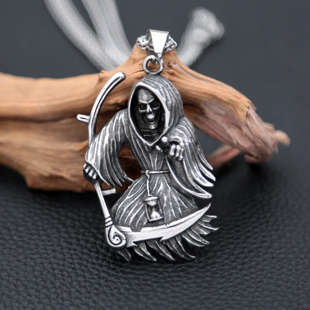 

Gothic Grim Reaper Pendant Necklace Stainless Steel Death Scythe Skull Necklace for Men Fashion Punk Biker Jewelry Wholesale