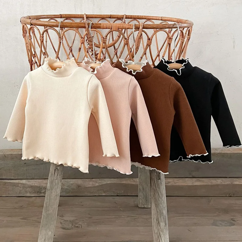 

Autumn Winter Baby Girls Clothes Thick Fleece Warm Basic T shirts Long Sleeve Solid Color Turtleneck Tops