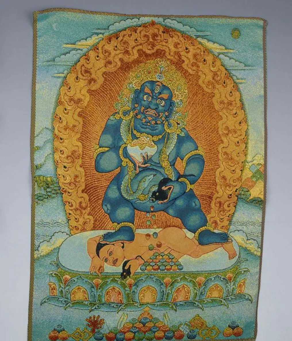 

24" silk exquisite embroidery Tibetan Buddhist Thangka Black Jambhala statue