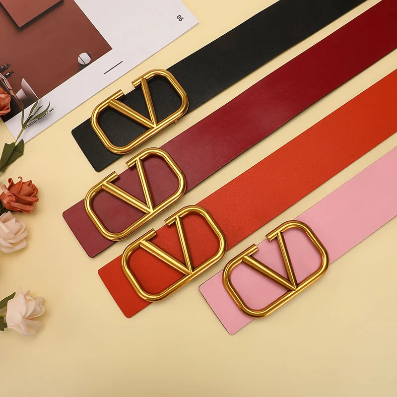 

Women Genuine Leather Belt Multi-Size Waistband Luxury Designer New Vintage Gold V Buckle Belt Cummerbund Female Belts For Dress