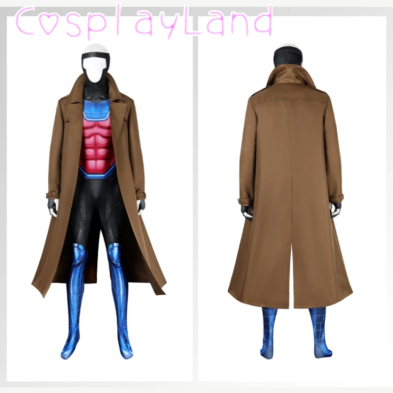Фото X Gambit Remy Косплей Костюм Мужской Боевой Костюм Кожаный Длинный Тренч Комбинезон Маска Комплект Супергерой Хэллоуин Карнавальные Наряды №2