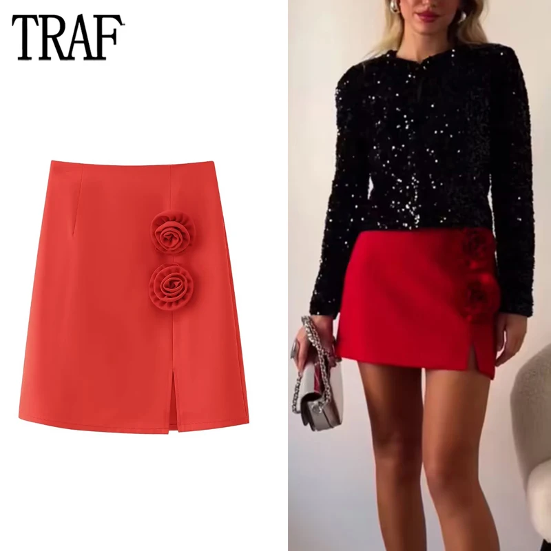

TRAF Red Flower Mini Skirts for Women 2023 High Waist Skirt Women Vintage Slit Party Woman Skirts Streetwear Fashion Women Skirt