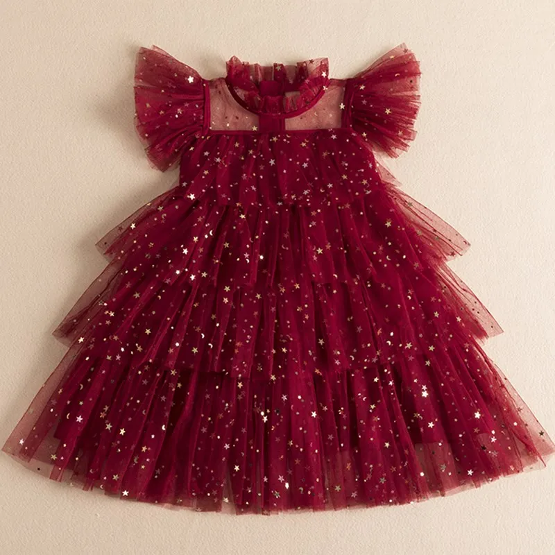 

Girls Summer Casual Mesh Clothes Girl Vestido 2020 Cute Girls Sequin Princess Dress Little Girl Birthday Party Layered Costume