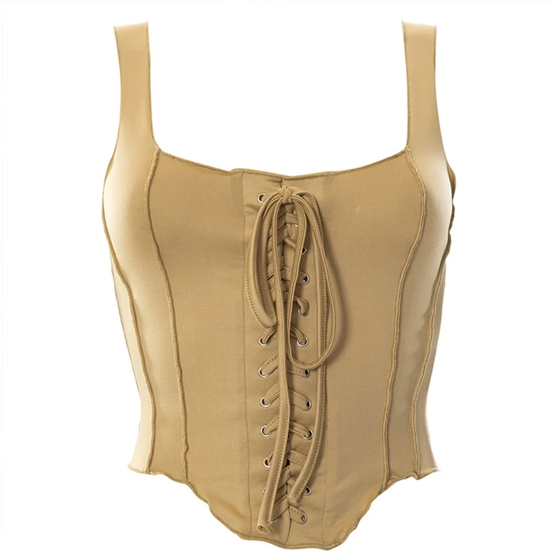 

Women Summer Sleeveless Crop Tank Top Sexy Square Neck Eyelets Lace-Up Front Corset Camisole Gothic Vintage Solid Color Bustier