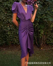 Robe plissée mi longue pour femmes, élégante, col en v, manches courtes, moelleuse, sexy, mode, couleur unie, tenue de soirée, été, 2021  (3)