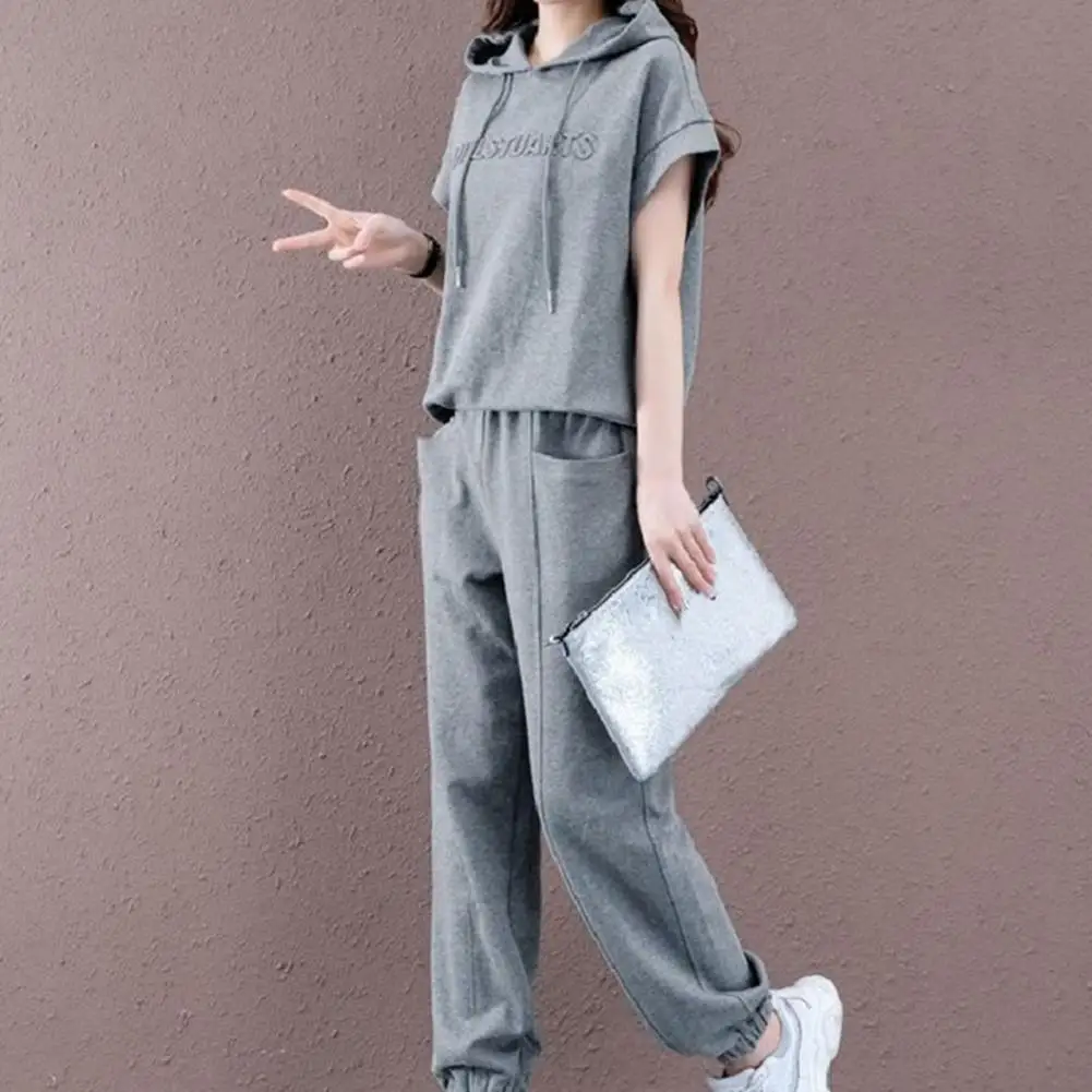 

Trendy Women Hoodie Pants Set Loose Soft Women Summer Tracksuit Hooded Short Sleeves Top Trousers Suit Female Garment