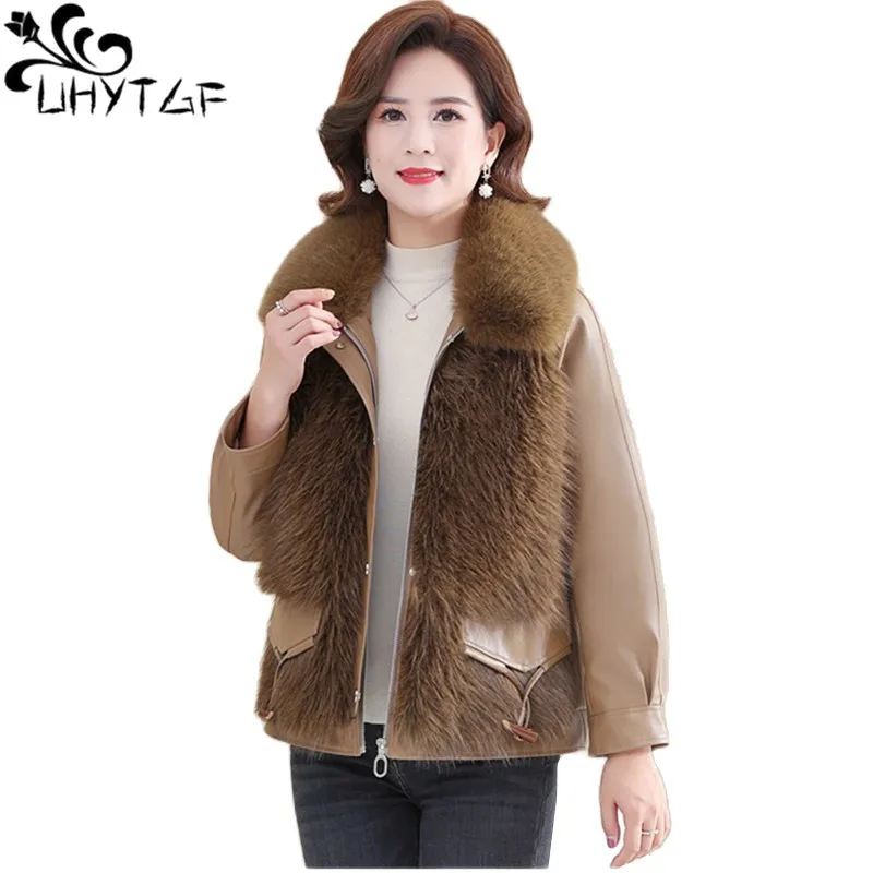 UHYTGF 2022 New Winter Leather Jacket Women Quality Imitation Fur Stitching Pu Leather Coat Female Casual Short Overcoat 5XL2271