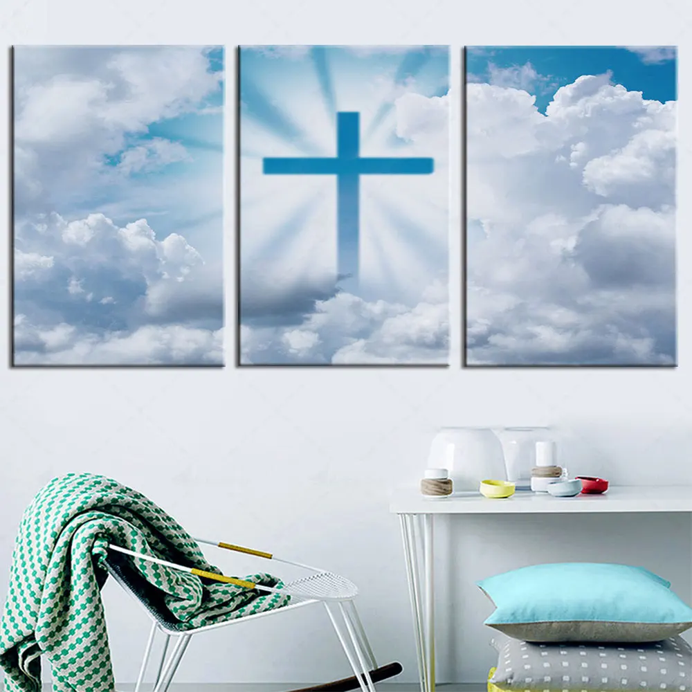 

Artsailing 3 Pieces Modular Canvas Jesus Cross Cloudy Sky Picture Wall Art Poster HD Prints Paintings Home Decor For Living Room