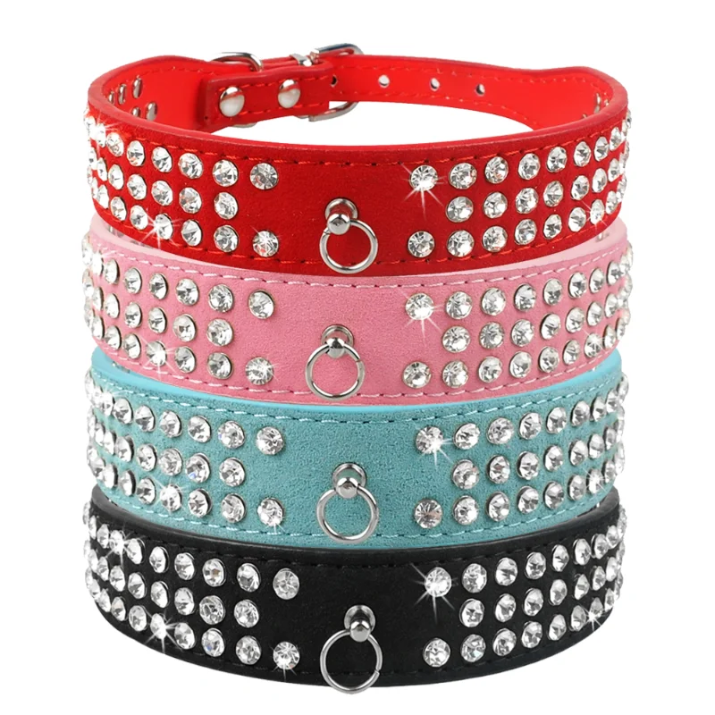 

Rhinestone Dog Collar 3 Rows Suede Leather Diamante Cat Puppy Collars Personalized Sparkle Pet Harness Leash Pets Acessorios B