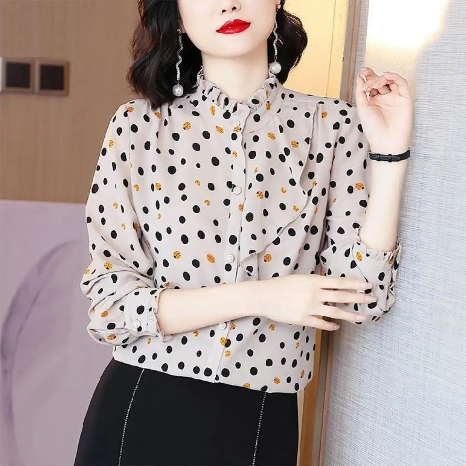 

2022 Spring Slim Blouse Lady Long Sleeve Print Polka Dot Chiffon Blouse Fashion Shirt Women Blusas Mujer De Moda X31