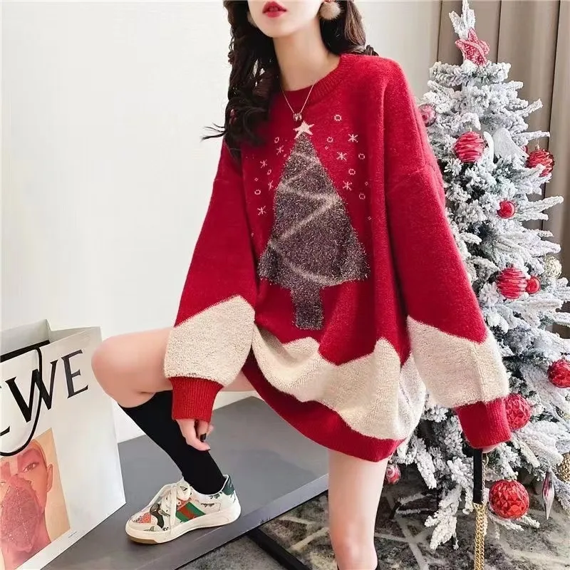 

Christmas round neck pullover matching color sweater women's new autumn and winter loose and lazy style knitwear top tide