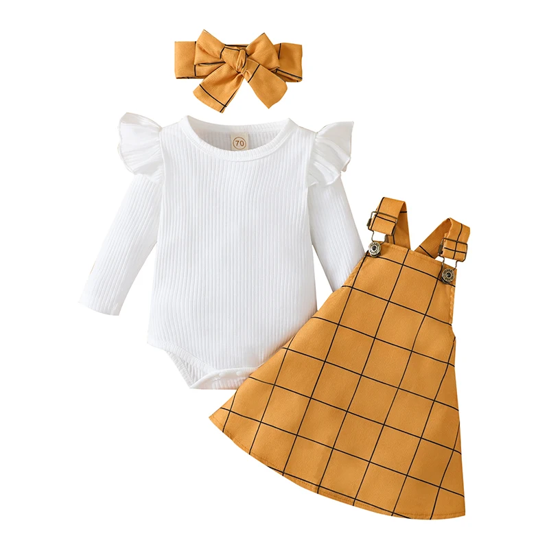 

3 Pieces Baby Suit Set, Solid Color O-Neck Long Sleeve Romper+ Plaid Suspender Skirt+ Headband for Girls, 0-18 Months