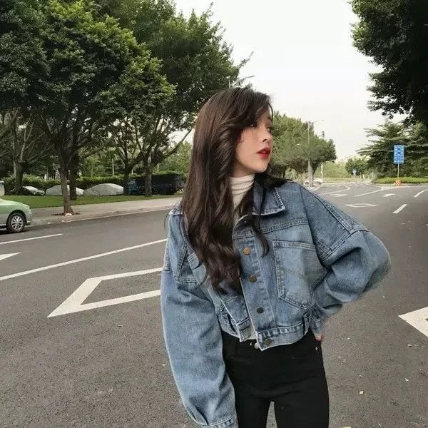 

2023 Women Jean Jackets Batwing Sleeve Korean Version Loose Spring Autumn New Long Sleeve Short Denim Blue Jacket